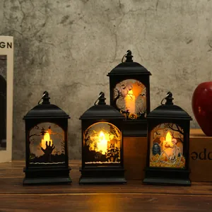 Lanterna LED Retro di Halloween Luce Notturna Silhouette di Teschio Fantasma Castello Lampada Decorativa da Tavolo per Festa Bar