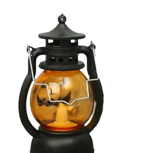 Vintage style black and orange Halloween portable LED oil lamp with spooky bat patterns