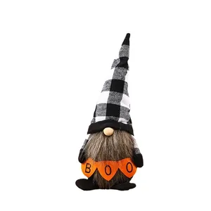 Halloween gnome plush with black white checkered hat holding BOO banner decoration