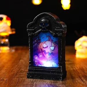 Halloween glowing tombstone decoration night light with pumpkin and skull design