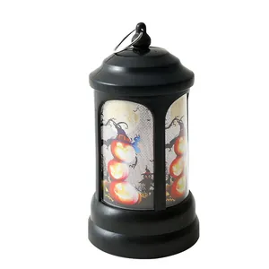 Lanterne d'Halloween rétro noire avec motifs citrouilles et lumière LED