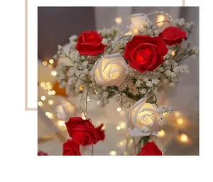 Detailansicht von leuchtenden roten und weißen LED-Rosen-Lichterketten für Dekorationen