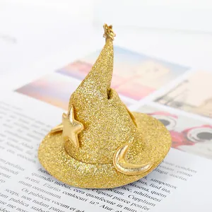 Elegante pinza para el pelo de mini sombrero de bruja dorado con purpurina, luna y estrella