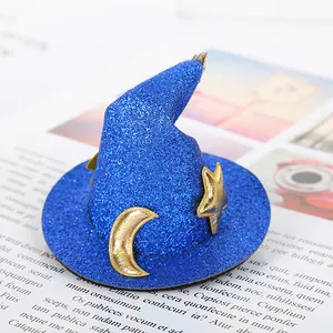 Mini pasador de pelo de sombrero de bruja azul brillante con luna y estrellas doradas