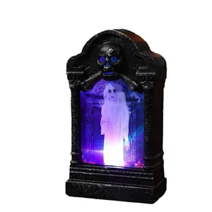 Halloween LED glowing tombstone with skull and ghost figure for home haunted house decor