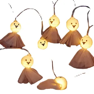 Warm white LED Halloween ghost string lights with fabric skirts for spooky party decor