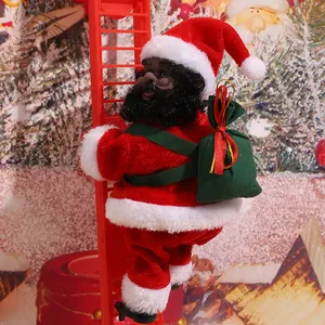 Detailed view of an electric black Santa Claus doll climbing a red ladder with a green sack