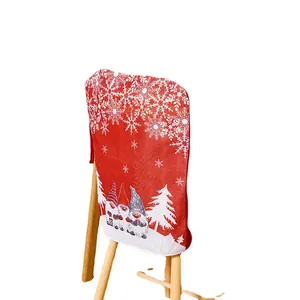 Festive red Christmas chair cover featuring adorable cartoon gnomes and white snowflake patterns