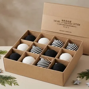Set of 12 black and white cord-wrapped Christmas ornaments in a kraft storage box