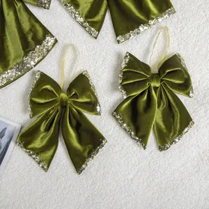 Fiocco di Natale Vintage in Velluto Verde Oliva con Bordi in Paillettes Oro e Lunghi Nastri per Decorazione Albero