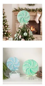 Close-up of mint green and blue lollipop Christmas tree toppers in a holiday setting