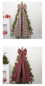 Large plaid fabric Christmas tree topper bow decoration for holiday home decor
