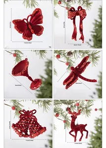 Set of six red flocked Christmas tree ornaments with sequins in various festive shapes