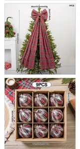 Set of large red plaid Christmas bow and 9 matching ornament balls with dimension labels.