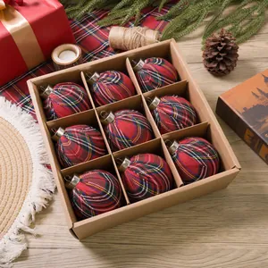 9Pcs Christmas Plaid Cloth Ball Ornaments Set Tartan Pattern Hanging Tree Decorations For Holiday Home Party Decor