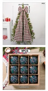 Detailed view of 8cm plaid Christmas balls set of 9 and a large tree topper bow decoration