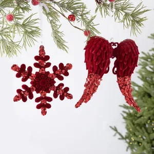 Burgundy Flocked Sequin Christmas Hanging Ornaments Glitter Reindeer Snowflake Wings For Holiday Xmas Tree Window Decor Accessories