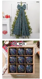 Plaid Christmas tree bow topper and 9pcs 8cm fabric ball set with dimensions.