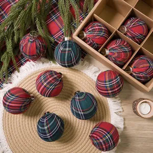 Plaid Christmas ball ornaments set with rustic red and green fabric patterns