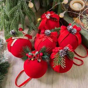 Bolas de Navidad Flocadas Rojas Con Piñas Lazos Perlas Artificiales Para Decoración Árbol Hogar Fiesta Navideña