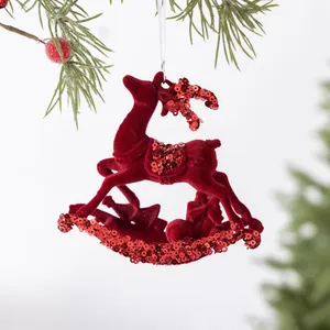 Exquisite red flocked rocking reindeer Christmas tree ornament decorated with sparkling sequins