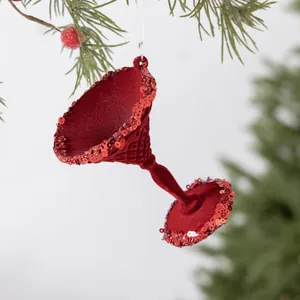 Elegant red flocked martini glass Christmas ornament featuring shimmering red sequins