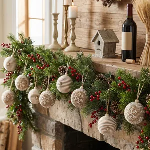 Palline di Natale rustiche in corda con fiocchi di neve su ghirlanda di pino festiva