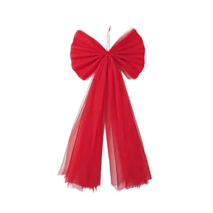 Exquisite large red organza bow with long mesh streamers for festive Christmas tree topper
