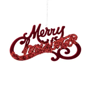 Festive red Merry Christmas sequin flocked hanging ornament for Christmas tree decor