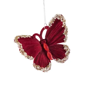Rode geflokte vlinder ornament met gouden lovertjes voor kerstboom decoratie
