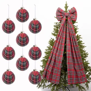 Plaid Fabric Wrapped Christmas Ball Set With Large Tartan Tree Topper Bow Decorative Hanging Ornaments For Home Party Holiday Decor