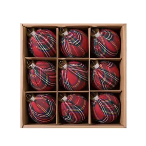 Set of 9 red tartan Christmas ball ornaments in a divided kraft paper storage box