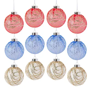 Lot de 12 boules de Noël festives en résille pailletée rouge, bleu et blanc décor.