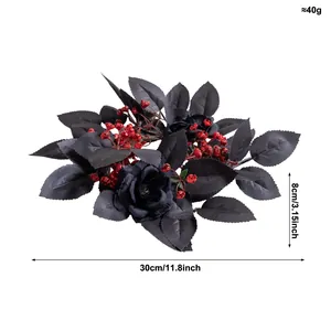 Corona de rosas negras artificiales con bayas rojas para decoración de mesa Halloween