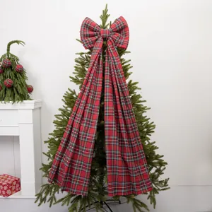 Large red tartan plaid Christmas tree bow topper for festive holiday home fireplace decoration