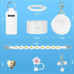Set portachiavi bianco con copri cannuccia sakura 10mm, porta rossetto e dimensioni.