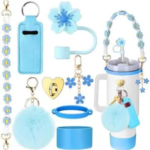 Set completo di accessori a tema fiori di ciliegio azzurri per cannucce da 10 mm