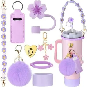 Set completo di accessori viola a forma di fiore di ciliegio per borracce con cannuccia