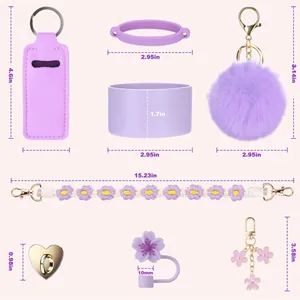 Set di copri cannucce Sakura viola con portachiavi a pompon e cinturino a fiori