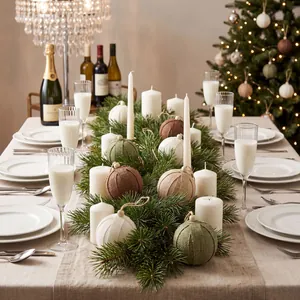 Set of rustic burlap Christmas ball ornaments with ribbed texture on a festive dining table