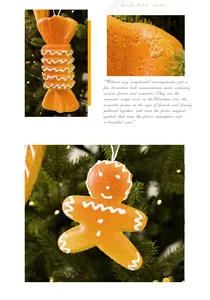 Vista dettagliata dell'omino di pan di zenzero arancione e degli ornamenti per l'albero di Natale