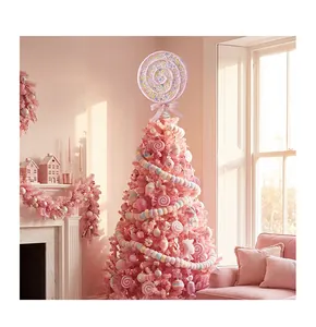 Pink circular lollipop Christmas tree topper decoration in a cozy room setting