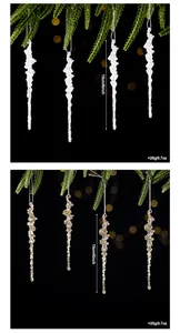 Lot de 2 ornements stalactites de Noël blanc et or avec paillettes, 15 cm.