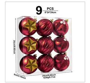 Set of 9 dark red Christmas ornaments in a box with size and weight specifications