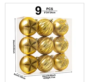 Product dimensions for the 9-piece gold Christmas ornament balls set in a clear box