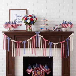 Independence Day Fabric Bow Banner Red White Blue Patriotic Bowknot Streamer Garland For July 4th Party Home Wall Decoration