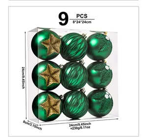 Detailed set of 9 green decorative Christmas baubles in a clear 24x24cm display box
