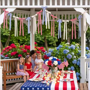 Patriotic red white and blue fabric bow banner decoration for Independence Day party