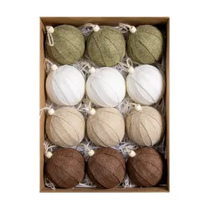 12-piece Christmas linen ball ornaments in olive, white, beige, and brown colors.