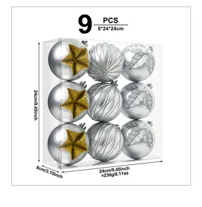 9-piece silver Christmas ornament set with star and leaf designs in 24cm clear box